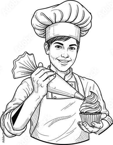 Professional baker illustration, pastry chef drawing, cupcake decoration art, piping bag sketch, culinary artwork, dessert preparation, kitchen creativity, food artistry design