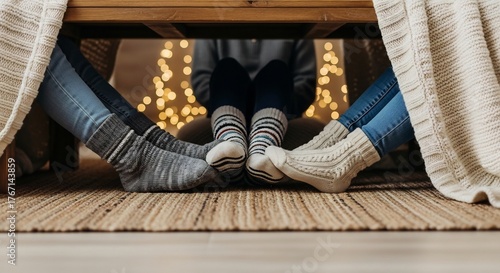 Three pairs of socked feet under table cozy setting with blanket and lights