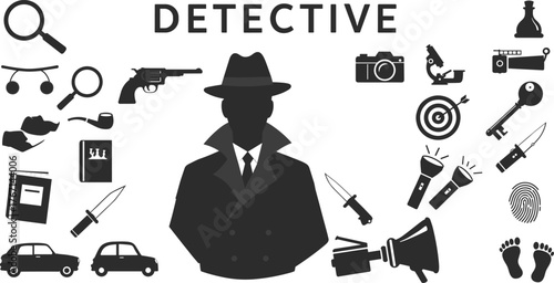 Silhouette detective man with magnifying glass gun camera and crime scene objects vector