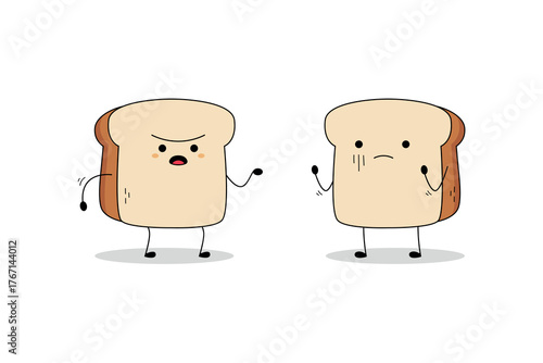 Cute bread slice cartoon character arguing doodle