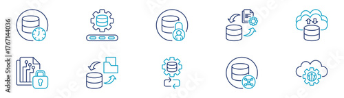 Icons Of Real Time Data, Data Processing, Data Privacy, Etl, Cloud Computing, Data Encryption, Backup, Recovery, Nosql, Api. Vector Illustration.