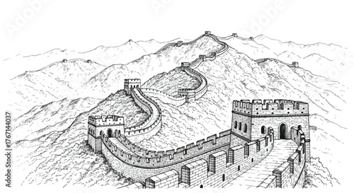 Great Wall of China architecture landmark minimalist vector line art.