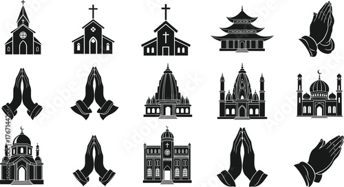 Religious icons, church, mosque, temple, pagoda, praying hands, spirituality, faith, worship, interfaith, religion symbols, cultural diversity, sacred architecture, meditation, belief, holy places