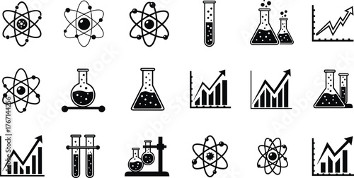 Science icons collection, laboratory equipment, atomic structure, chemistry experiment, data analysis, research tools, education symbols, innovation, technology, scientific discovery, analysis