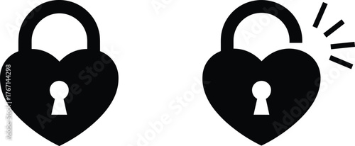 Two black heart shaped padlocks one locked one unlocked with radiating lines vector