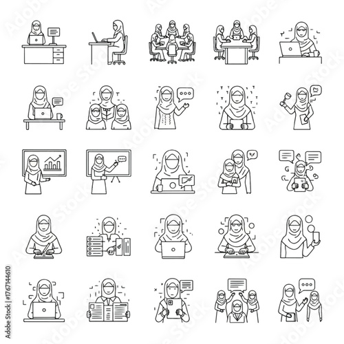 Set of Arab Women Working in Office Line Icons.