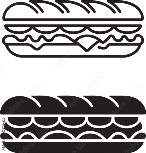 Iconic sub sandwich design simple line art and silhouette for food graphics isolated on transparent background