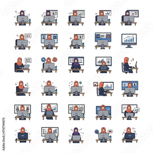 A diverse collection of flat vector icons showing a Muslim woman in a hijab working at a computer in various office scenarios.
