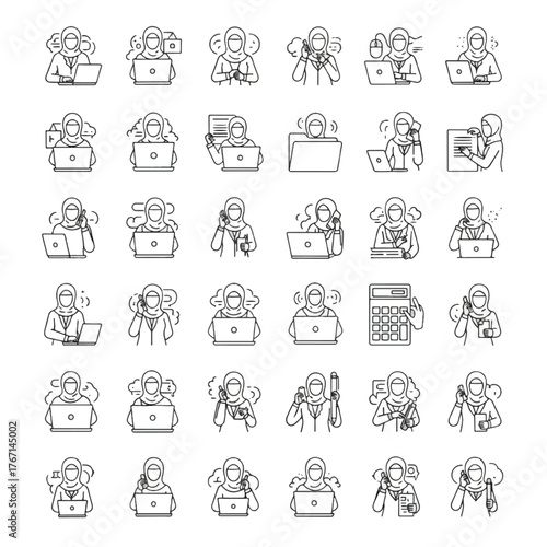 Collection of line art illustrations depicting a woman wearing a hijab in various work-related scenarios.