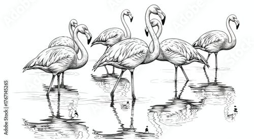 Wallpaper Mural Flamingos standing in water minimalist wildlife reflection vector line art. Torontodigital.ca