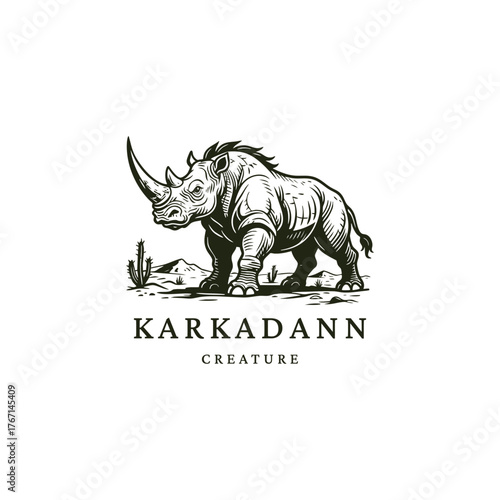 Powerful monochrome illustration of a mythical Karkadann (one-horned rhino) creature charging forward in a threatening pose, rendered in a vintage woodcut style