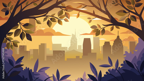 City skyline at sunset or sunrise, viewed through a frame of stylized trees and leaves. This warm illustration highlights the harmony between nature and urban life, perfect for ecology, environmental