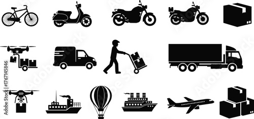 Transportation, delivery, logistics, shipping, cargo, freight, courier, drone, airplane, ship, truck, van, scooter, bicycle, motorcycle, supply chain, distribution, global trade 