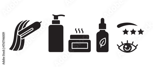 Set of glyph icons for keratin hair treatments. Includes mask, cosmetic oil, and serum. Review of the keratin procedure. Concept of beauty procedures. Filled flat symbols. Isolated vector illustration