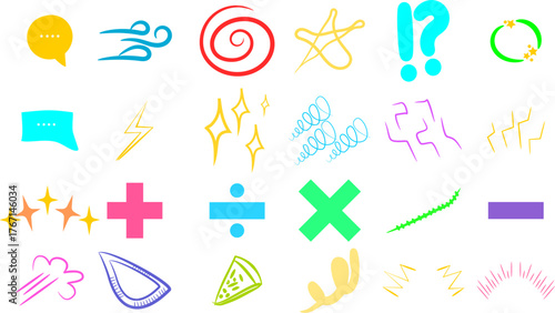 A collection of colorful hand-drawn style graphic elements, including speech bubbles, swirls, stars, and mathematical symbols.