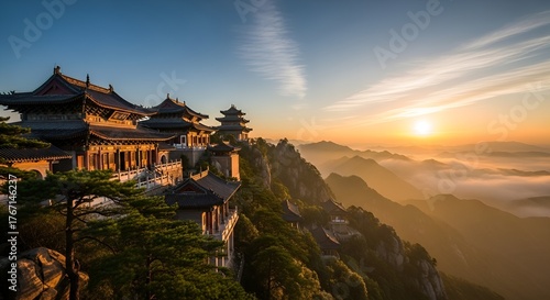 Wallpaper Mural Majestic Chinese temple complex perched atop mountain at sunrise with misty valleys Torontodigital.ca