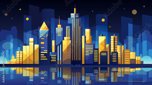 Electric night cityscape featuring stylized skyscrapers illuminated by striking gold and blue light. This vibrant, abstract urban background is ideal for modern business, technology, finance