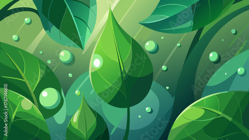 Vibrant green leaves with sparkling dew drops, capturing the essence of freshness and nature. Ideal for environmental themes, wellness, organic products, spring, ecology, or healthy living concepts.