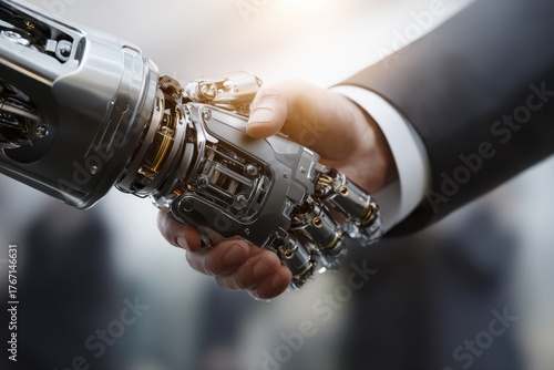 A futuristic concept of trust and collaboration between a human and a robot, symbolized by a digital handshake. A person is seen holding a camera in their hand, ready to capture the moment.