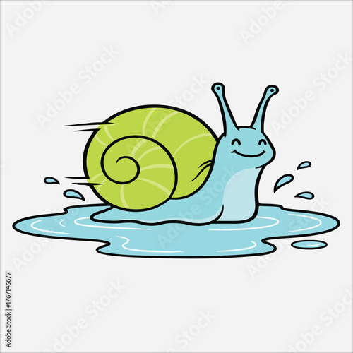 A cheerful cartoon snail with a green shell and blue body moving quickly through a puddle of water on a white background with motion blur and droplets.