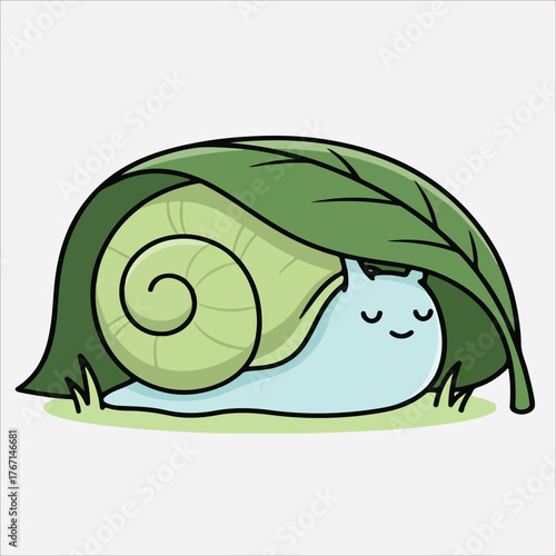 A cute cartoon snail taking shelter under a green leaf with a peaceful expression on its face against a plain white background.