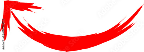 Red brush stroke arrow pointing upwards in a semi-circular shape.