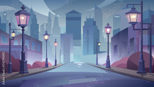 Evening city street with glowing vintage lampposts leading towards a modern skyline under a moody sky. A stylized urban landscape perfect for themes of nightlife, solitude, city living, or romantic st