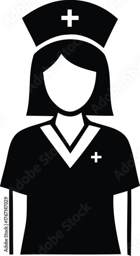 Simple black and white icon of a nurse wearing a cap and scrubs with a cross emblem