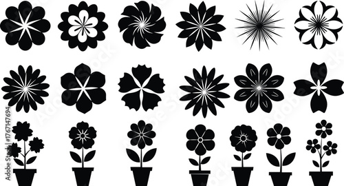 Collection of Black Flower Silhouettes and Potted Plants white icon