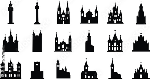 Collection of black silhouette church and tower building icons architecture