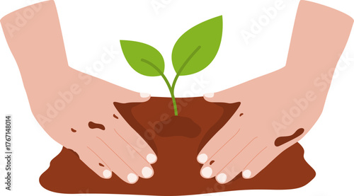 
Illustration of Reforestation Hands Planting a Seedling