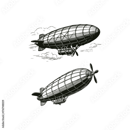 Vintage airship or zeppelin illustration in a detailed woodcut or engraving style. This retro aviation design features a propeller-driven blimp