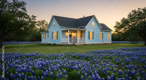 Charming Light Blue Farmhouse Surrounded by a Field of Bluebonnets at Dusk.
