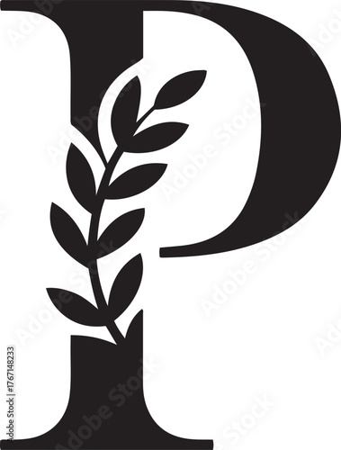 Elegant black letter p monogram with laurel branch graphic design isolated on transparent background