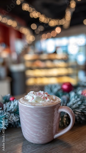 Wallpaper Mural Peppermint mocha topped with whipped cream in a textured ceramic mug beside frosted pastries and pine Torontodigital.ca