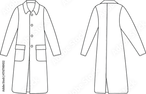 Minimalist long coat technical flat sketch front and back view with patch pockets, button closure, collar, and back vent