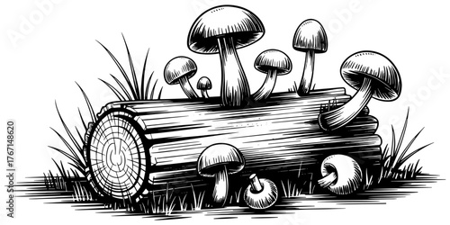 Detailed mushrooms of various sizes growing from a fallen log resting on grass, symbolizing nature and growth.