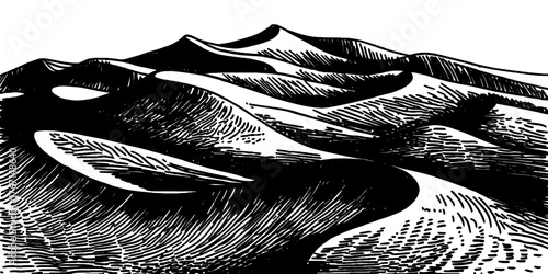 Detailed black and white desert sand dunes, showing texture, shadows, and depth through fine contour lines and shading.