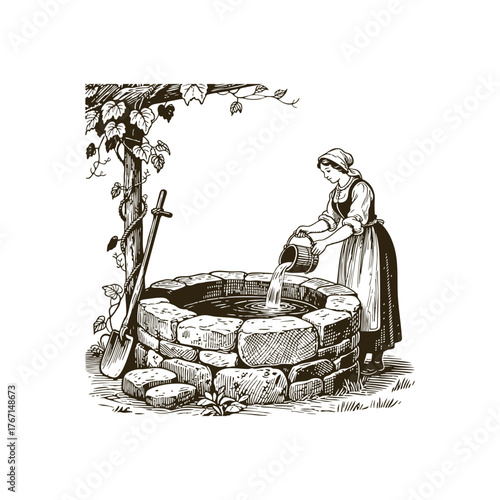 Vintage woodcut illustration of a peasant woman pouring water from a bucket into an old stone well