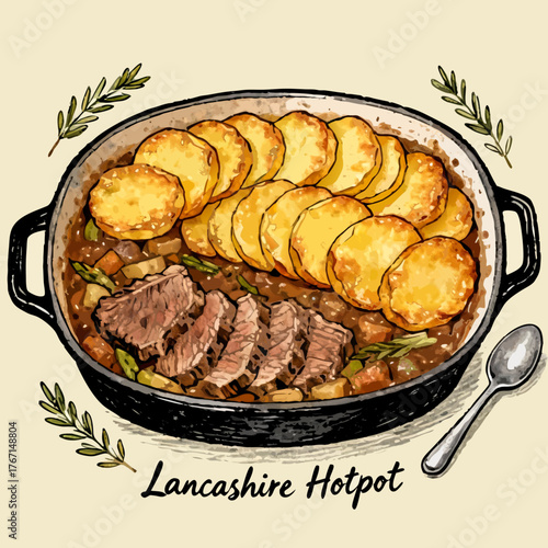 Delicious Illustration of a Traditional Lancashire Hotpot A Hearty Meat and Potato Casserole Dish, Perfect for a Comforting Meal