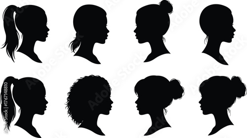 Eight Black Silhouettes of Women Heads Profile Diverse Hairstyles woman female