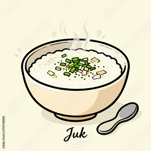 A steaming bowl of delicious Juk, a traditional Korean porridge, garnished with fresh green onions and served with a spoon