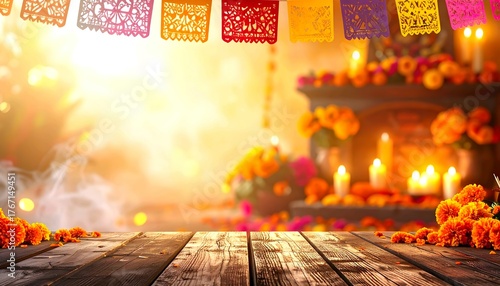 Traditional Day of the Dead ofrenda altar with marigolds and papel picado