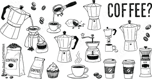 Hand drawn coffee making equipment and drinks black and white illustration coffee beans moka pot
