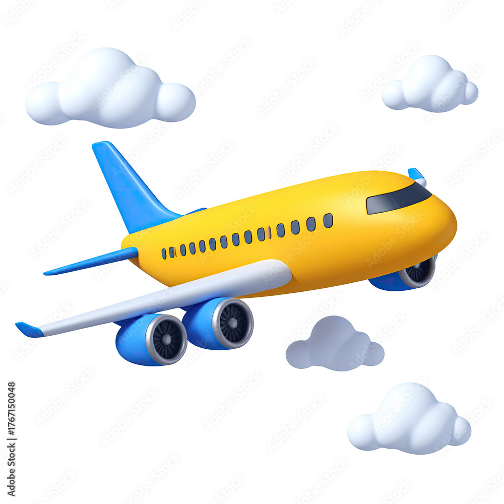 Naklejka premium Yellow plane flying amidst fluffy clouds, 3D rendered