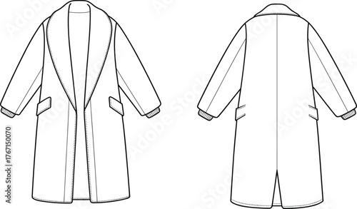 Minimalist technical fashion flat sketch of coat front and back view with shawl collar, ribbed cuffs, and welt pockets