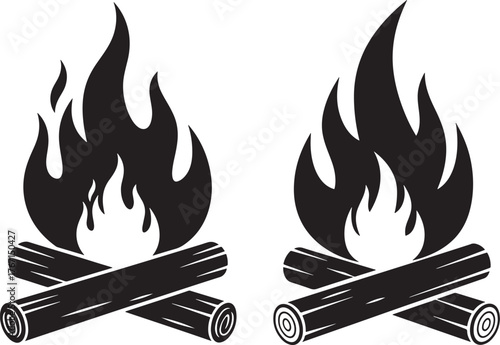 Two campfire bonfire flames burning wood silhouette