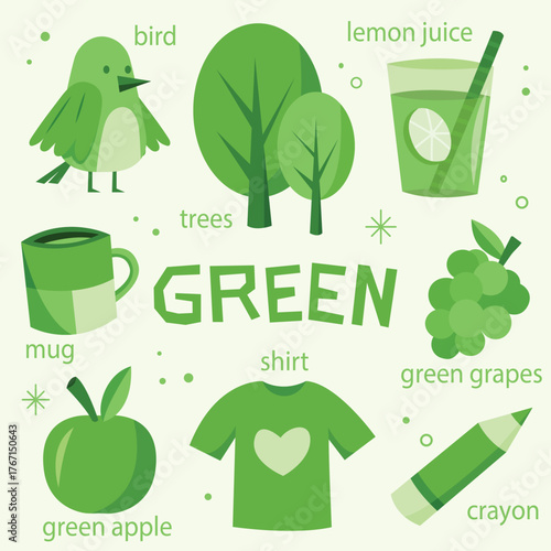 Color green and vocabulary set in englis
