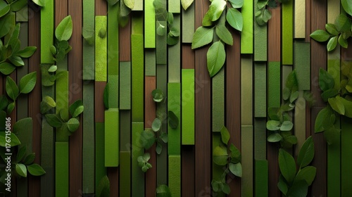 Lush greenery interspersed with textured, vertical wooden slats, creating a vibrant, natural wall design