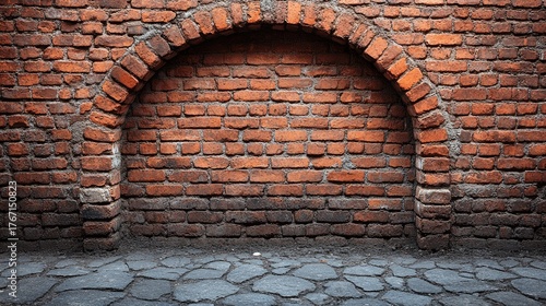 Gigapixel image shows a rustic red brick wall with an archway and a cobblestone floor texture.
